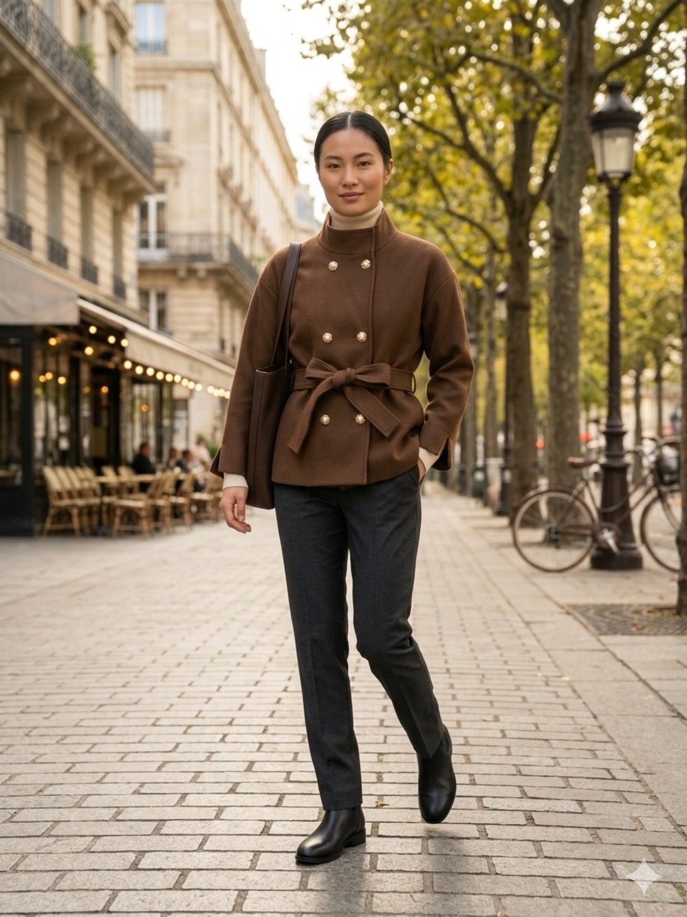 Women's Brown Double-Breasted Tie-Waist Coat
